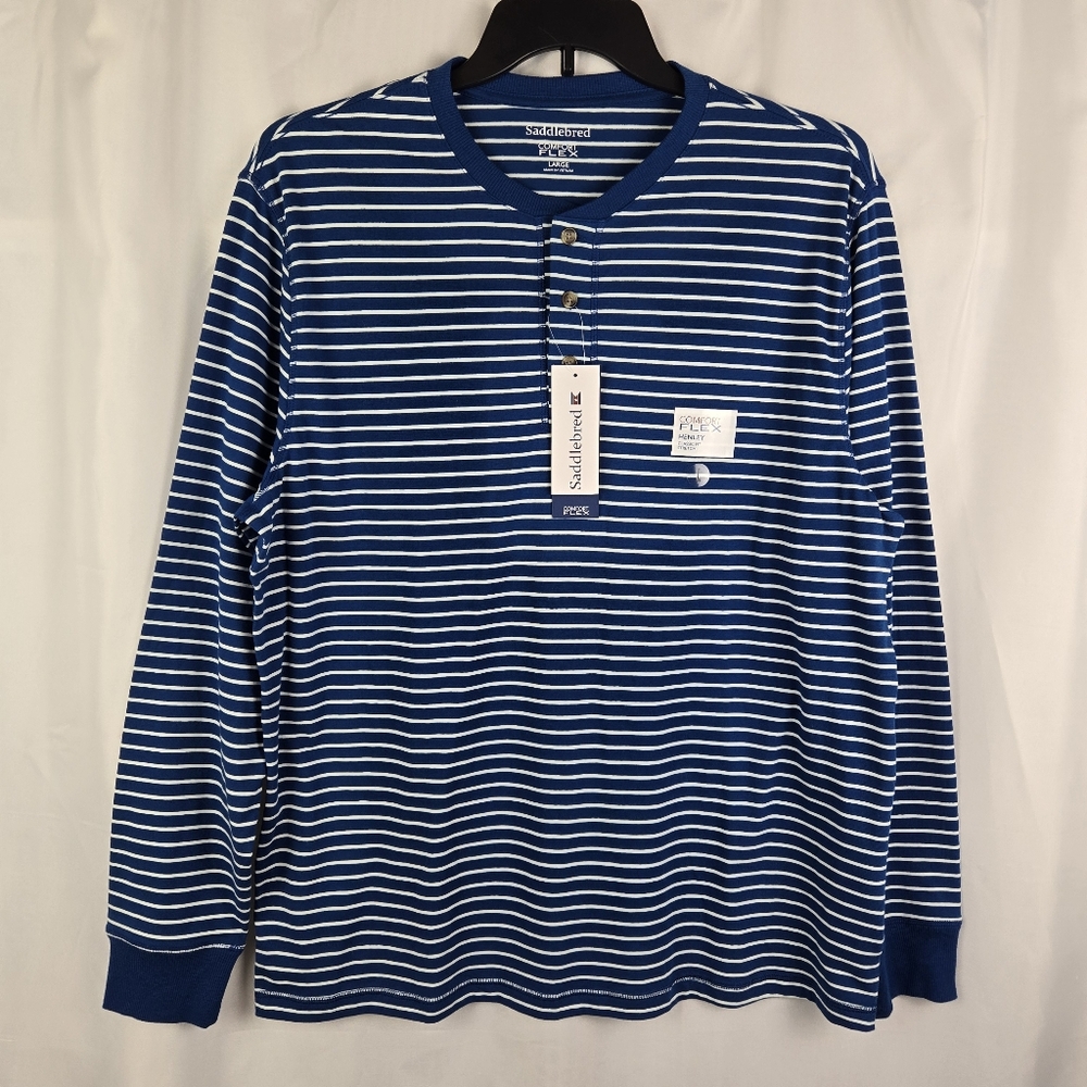 NEW Saddlebred Comfort Flex Blue White Striped Long Sleeve Henley Shirt Large